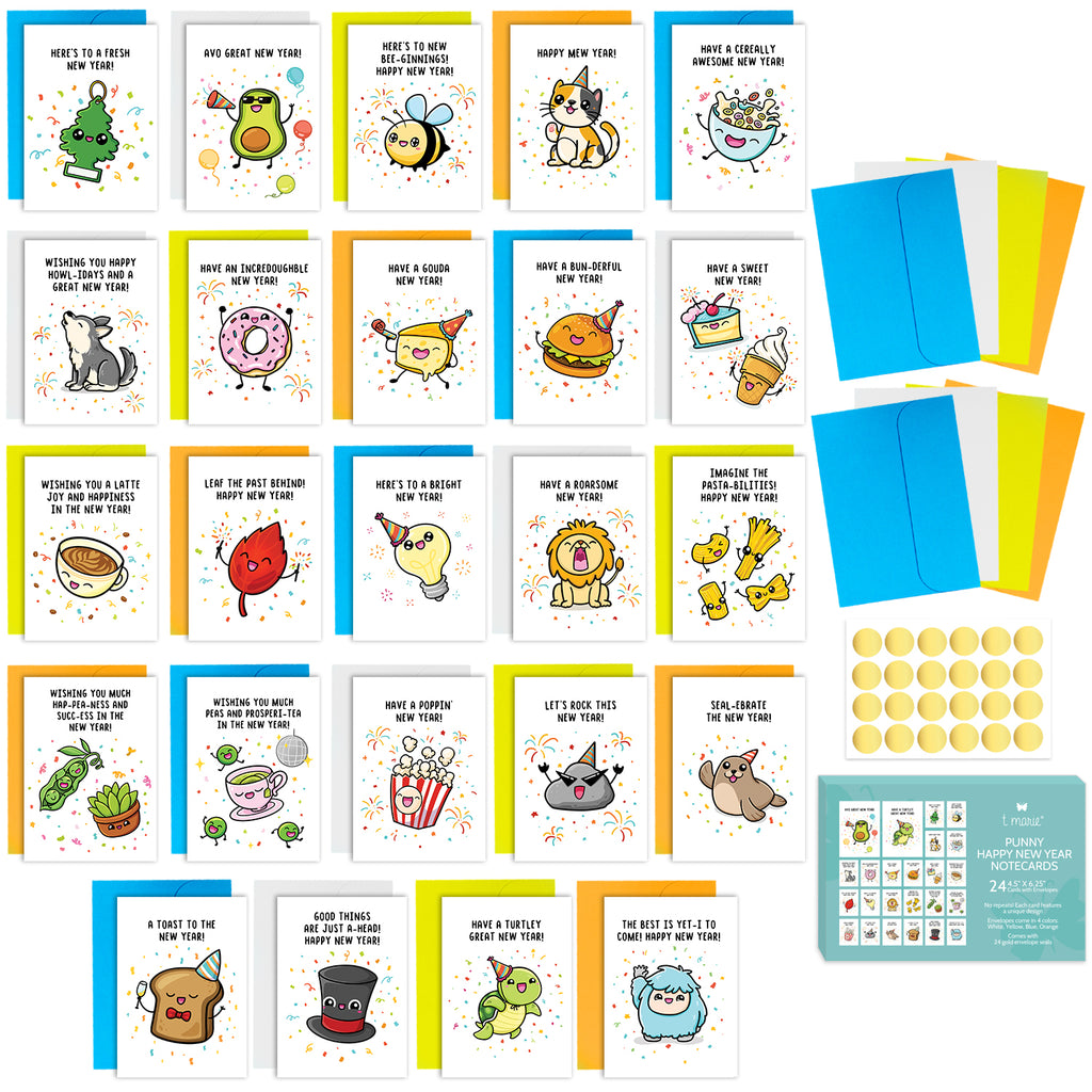 24 Funny Happy New Year Cards Set With Colorful Envelopes and Gold Stickers