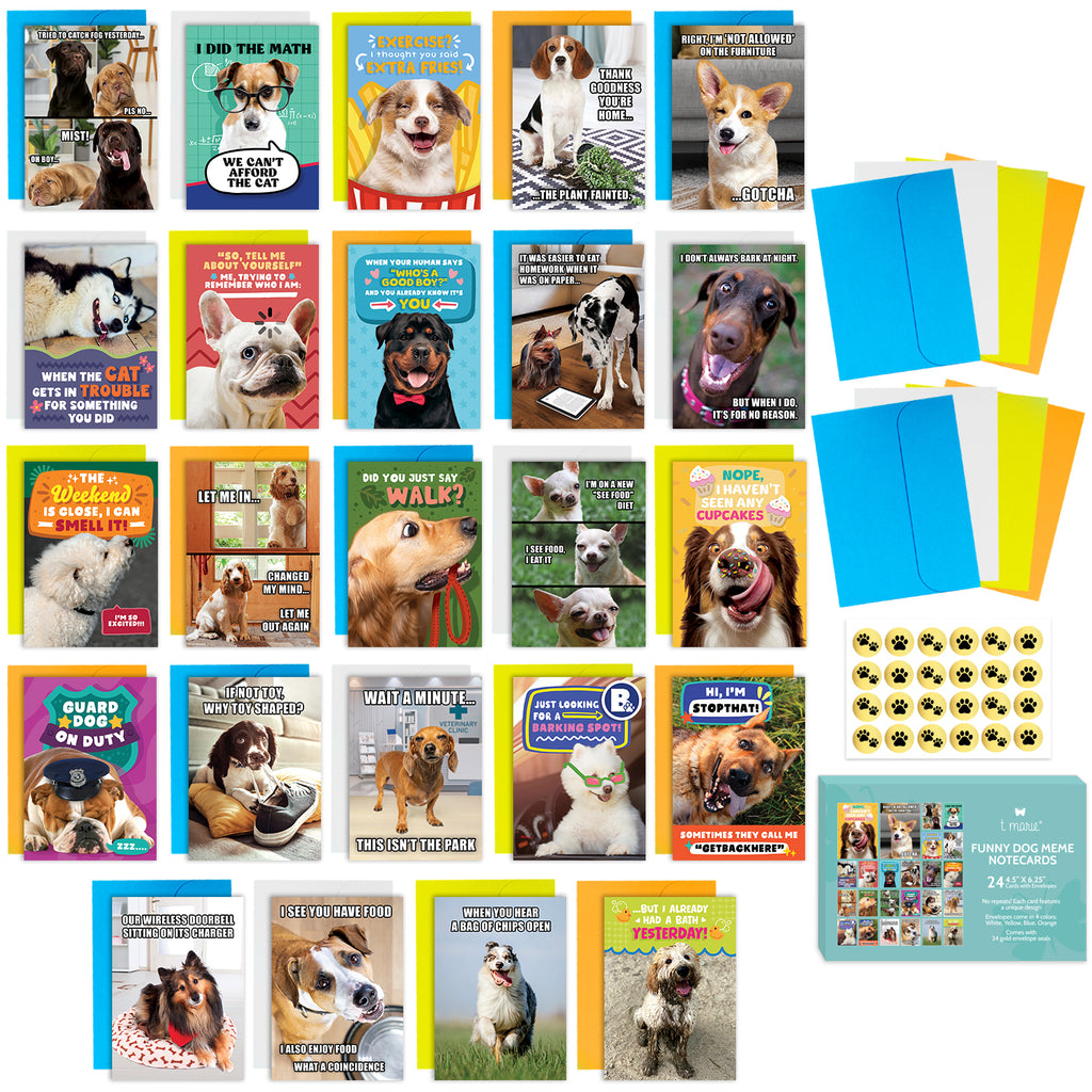 24 Funny Dog Meme Greeting Cards with No Repeats - Clean Humor Dad Joke Notecards - 4.5” x 6.25” Bulk Thinking of You Animal Notes for Kids, Friends, Students, Teachers, Summer Camp and More