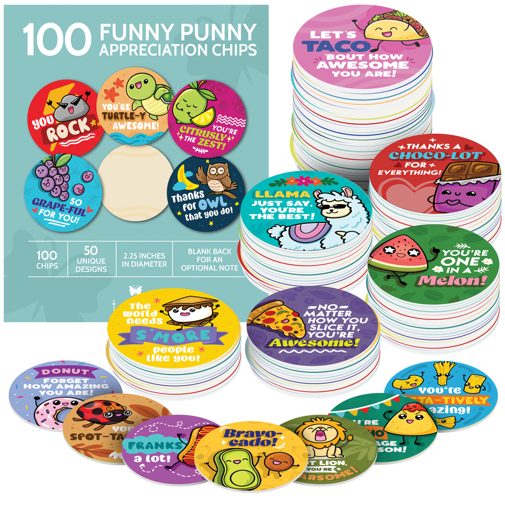 100 Mini Bulk Appreciation Chips - Funny Punny 2.25” Token of Appreciation Gifts