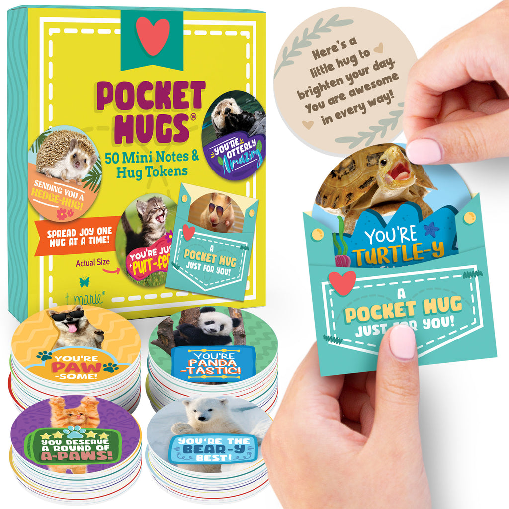 50 Pocket Hugs with Envelopes - 2.5” Mini Cards Tokens of Positivity and Appreciation - Cute Motivational and Positive Affirmation Gifts for Kids, Grandkids, Friends, Students, Teachers, Random Acts of Kindness and More