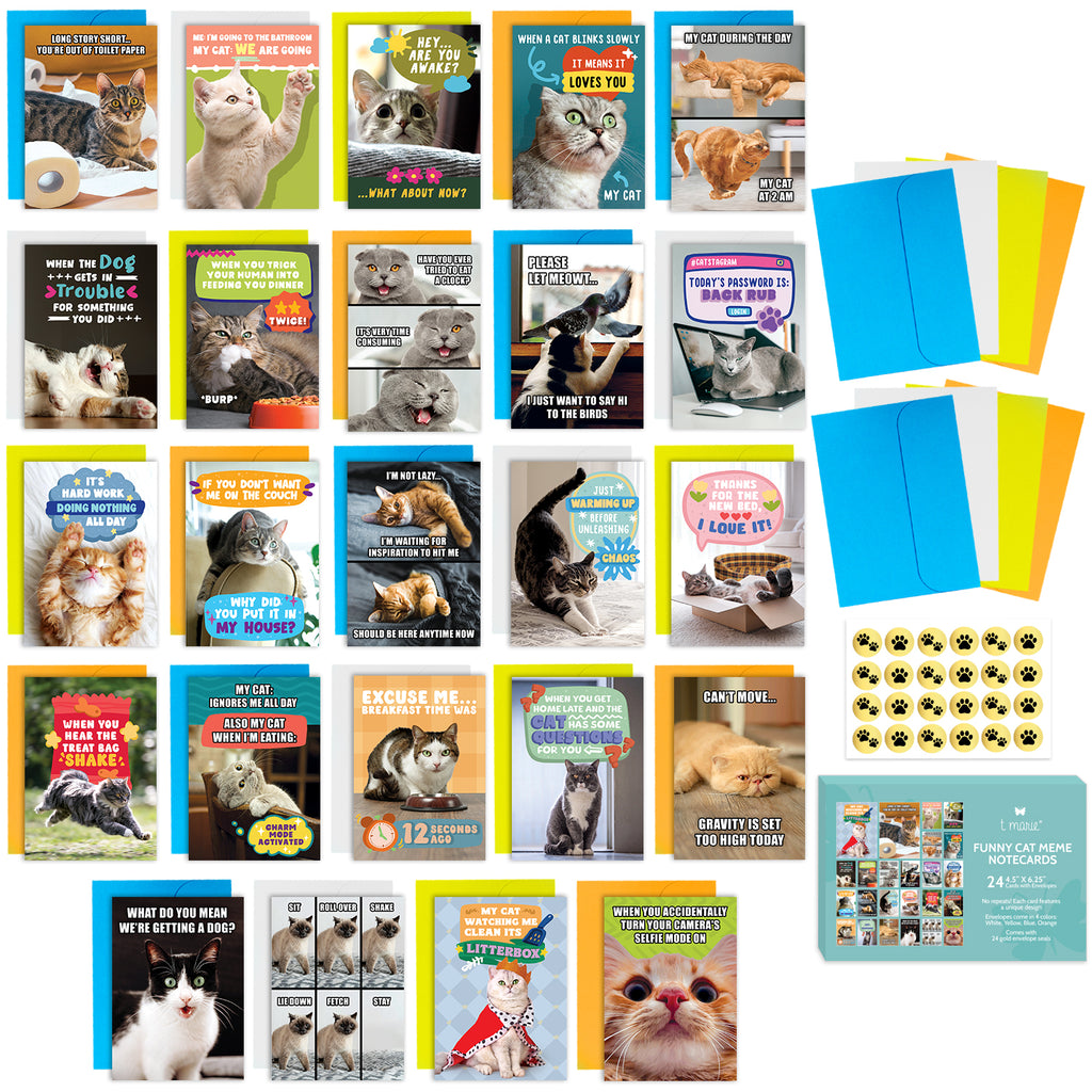 24 Funny Cat Meme Greeting Cards with No Repeats - Clean Humor Dad Joke Notes for Friends, Kids, Students, Teachers, Summer Camp - 4.5” x 6.25” Bulk Thinking of You Animal Notecards